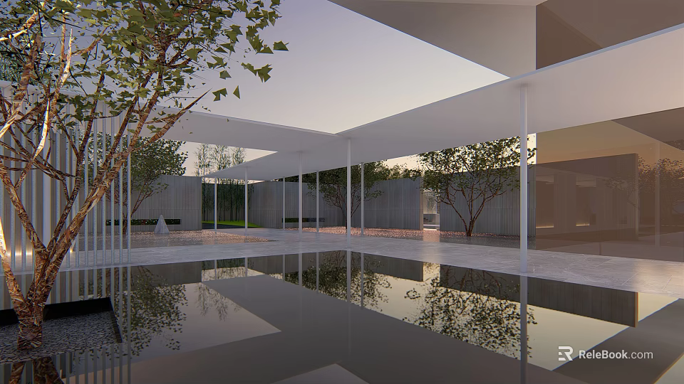 Modern Garden Landscape With Pool Reflections White Pergola Trees And Gray Walls 3d model 