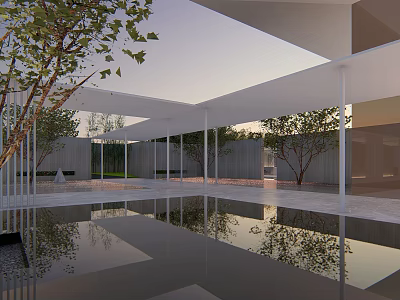Modern Garden Landscape With Pool Reflections White Pergola Trees And Gray Walls 3d model