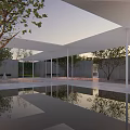 Modern Garden Landscape With Pool Reflections White Pergola Trees And Gray Walls