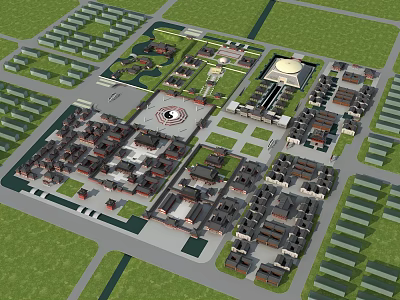 Birds Eye View Planning Showing Mixed Use Buildings Central Plaza Green Spaces and Organized Layout 3d model