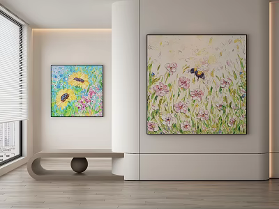 Abstract Paintings With Sunflowers Pink Flowers And Bee For Interior Wall Art 3d model