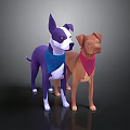 3D Model Dogs Standing With Blue And Red Scarves On Dark Background