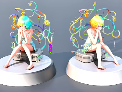 Colorful Female Figure Sculpture with Curly Decorations Stars and Music Notes on White Pedestal 3d model