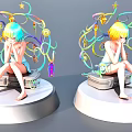 Colorful Female Figure Sculpture with Curly Decorations Stars and Music Notes on White Pedestal