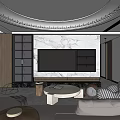 Modern Living Room Interior With Marble Wall TV Bookshelf Circular Ceiling Light And Striped Cushions