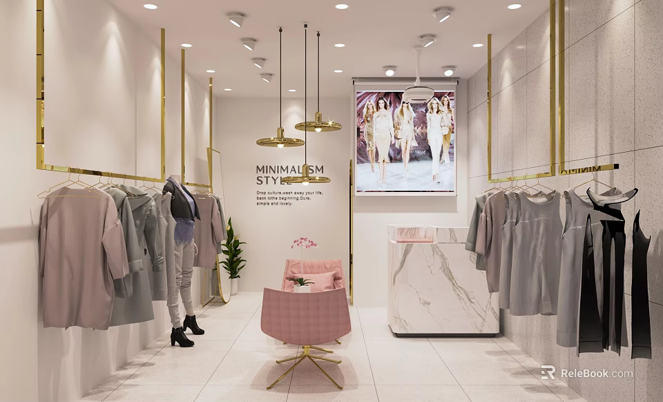 Minimalism Style Clothing Store With Clothing Racks Pink Chair Marble Counter And Chandeliers 3d model 