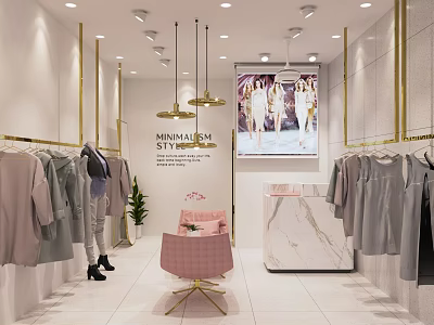 Minimalism Style Clothing Store With Clothing Racks Pink Chair Marble Counter And Chandeliers 3d model