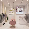 Minimalism Style Clothing Store With Clothing Racks Pink Chair Marble Counter And Chandeliers
