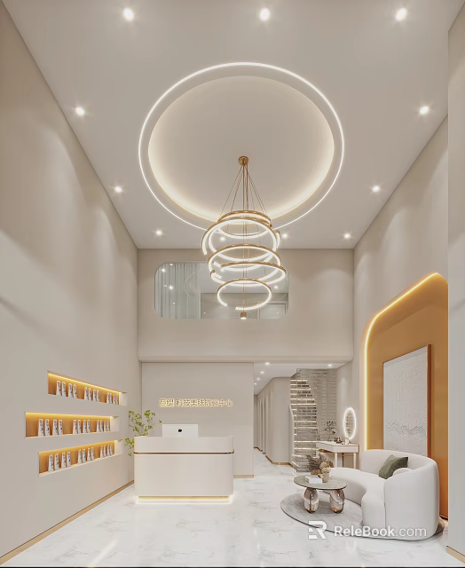 Modern Beauty Hair Salon Interior With Open Space Chandelier White Reception Desk And Product Shelves 3d model 