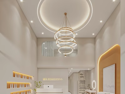 Modern Beauty Hair Salon Interior With Open Space Chandelier White Reception Desk And Product Shelves 3d model