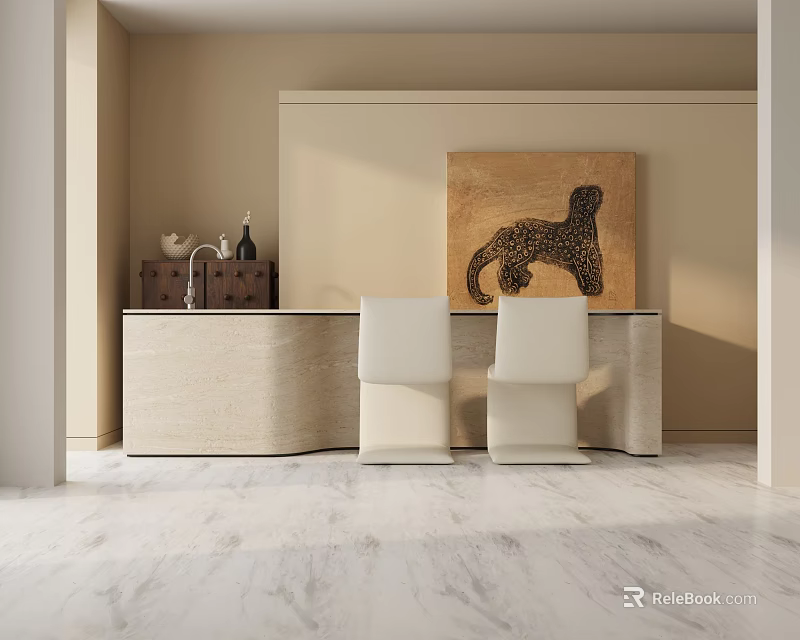 Stylish Dining Table Set With Beige Table Two White Chairs Leopard Painting And Dark Cabinet 3d model 