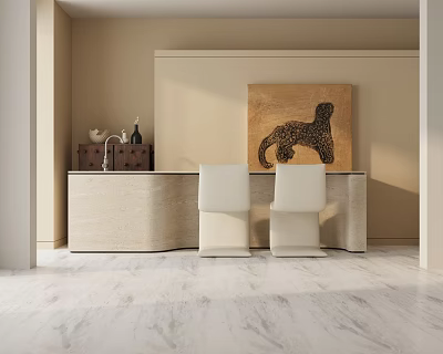 Stylish Dining Table Set With Beige Table Two White Chairs Leopard Painting And Dark Cabinet 3d model