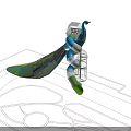 Kids Play Area With Peacock Shaped Design Blue Green Slides And Metal Mesh Climbing Structure