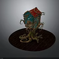 Colorful Birdhouse With Red Roof Blue Body And Twisted Branches On Dark Round Platform