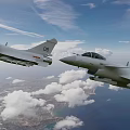 Two Military Fighter Jets Flying In Blue Sky With White Clouds Over Land And Ocean