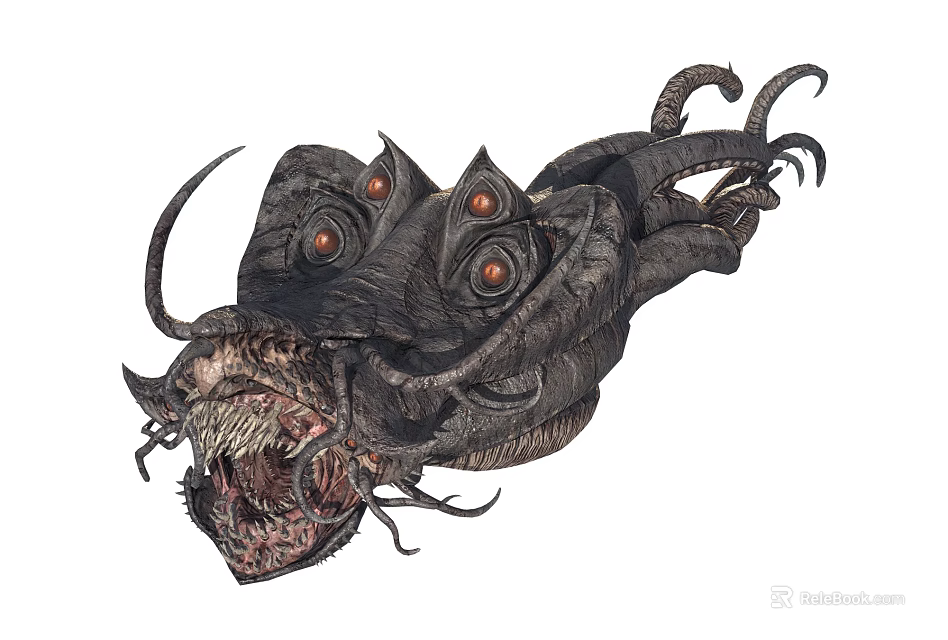 Detailed Dark Fantasy Creature With Multiple Glowing Eyes Tentacles And Open Mouth Sharp Teeth 3d model 