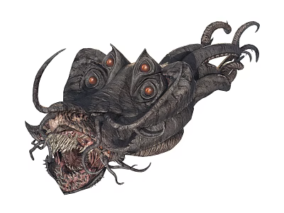 Detailed Dark Fantasy Creature With Multiple Glowing Eyes Tentacles And Open Mouth Sharp Teeth 3d model
