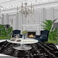 Luxurious Classic Living Room Interior With Chandelier Fireplace Blue Armchairs And Green Plants