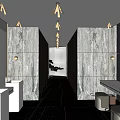 Luxury Modern Hotel Bathroom With Marble Walls Double Vanities Mirrors And Black Floor