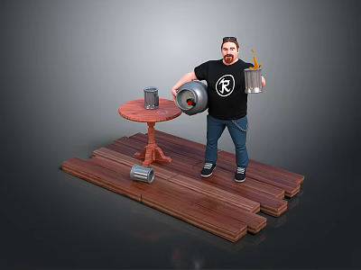 Man Standing On Wooden Plank Platform With Round Table Metal Canister And Red Stool 3d model