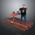 Man Standing On Wooden Plank Platform With Round Table Metal Canister And Red Stool