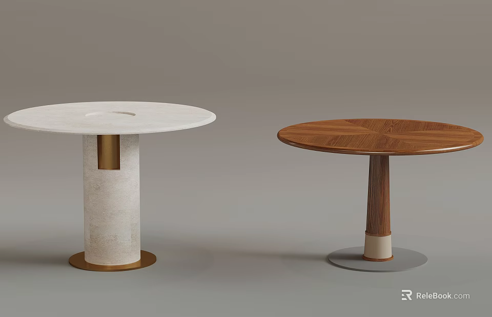 Round Dining Tables Featuring White And Wooden Tops Cylindrical Legs With Golden And Gray Rings 3d model 