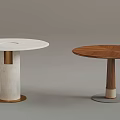 Round Dining Tables Featuring White And Wooden Tops Cylindrical Legs With Golden And Gray Rings