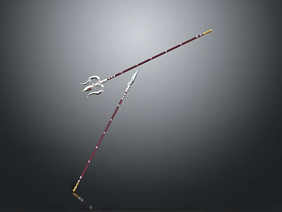 Classic Long Shafted Weapon With Polished Metal Trident Head And Red Wooden Handle Details 3d model