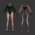 Stylish Female Mannequins Wearing Green And Brown Fitted Outfits With High Heels