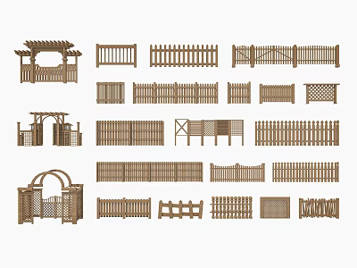 Different Wooden Garden Fence Designs With Various Patterns And Arch Structures 3d model