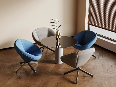 Modern Interior With Round Table Blue And Gray Chairs Vase Plants And Wooden Floor 3d model