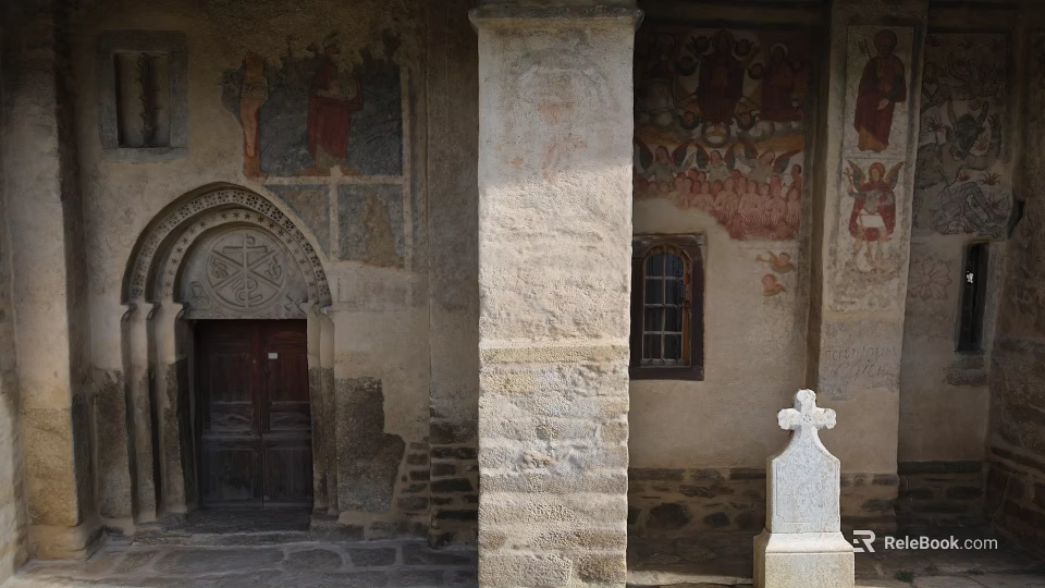 Ancient Building Wall With Detailed Figure Frescoes Archway Stone Column And Cross 3d model 