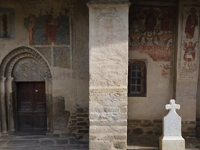 Ancient Building Wall With Detailed Figure Frescoes Archway Stone Column And Cross 3d model