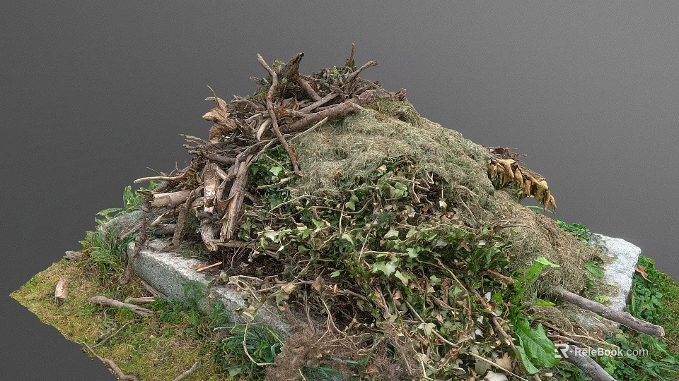 Green Plants Covering Mound With Twigs Moss Leaves And Stones Base 3d model 