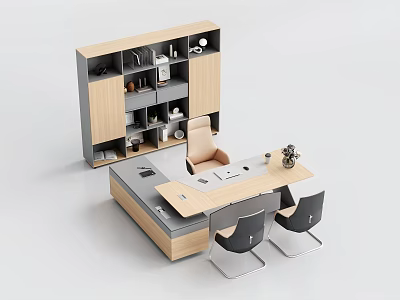 Modern Office Desk Workspace With Wooden Storage Shelves And Ergonomic Chairs 3d model