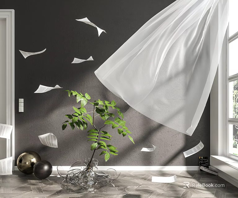 Vibrant Indoor Green Plant With Lush Leaves By White Curtain Gray Wall And Floating Papers 3d model 