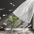 Vibrant Indoor Green Plant With Lush Leaves By White Curtain Gray Wall And Floating Papers