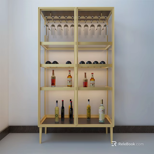Modern Golden Wine Cabinet With Multiple Shelves For Wine Glasses And Bottles 3d model 
