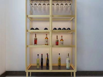 Modern Golden Wine Cabinet With Multiple Shelves For Wine Glasses And Bottles 3d model