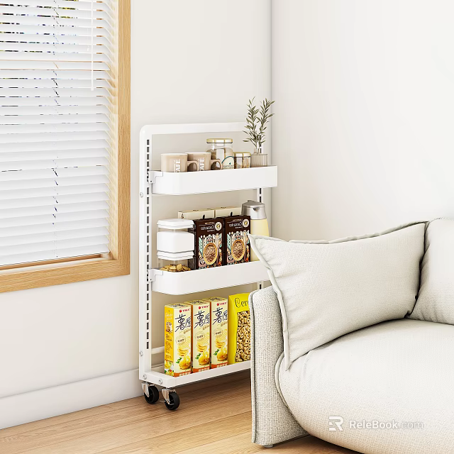 White Storage Shelf with Multiple Tiers Holding Jars Boxes in Room Corner by Sofa Window 3d model 