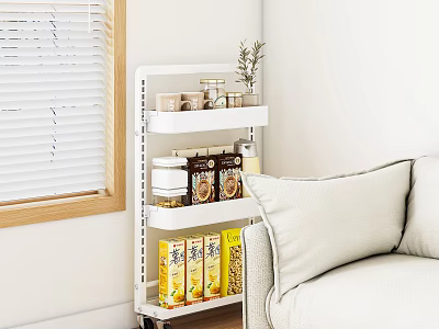 White Storage Shelf with Multiple Tiers Holding Jars Boxes in Room Corner by Sofa Window 3d model