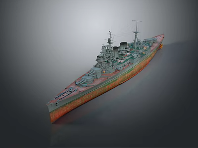 Detailed Battleship Model With Turrets Masts And Weathered Hull Color Design 3d model