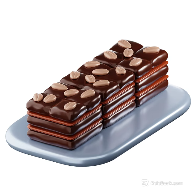 Delicious Stacked Chocolate Layers Topped With Roasted Nuts On Ceramic Plate 3d model 