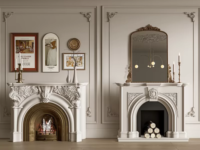 Classic Fireplace Interior Design With Decorative Paintings Candlesticks Flames Mirror Firewood And Carved Walls 3d model