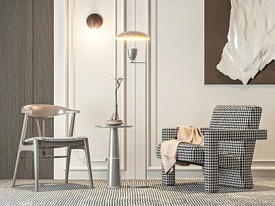 Comfortable Checkered Lounge Chair with Throw Blanket Floor Lamp and Wall Art in Modern Room 3d model