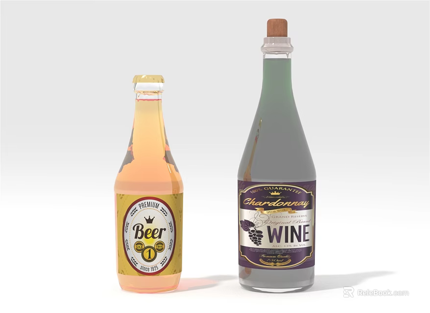 Orange Glass Beer Bottle And Dark Wine Bottle With Clear Labels On White Surface 3d model 