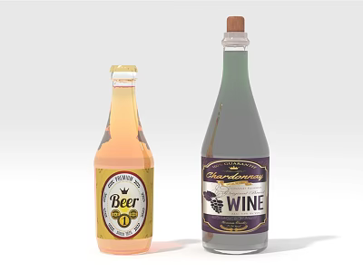 Orange Glass Beer Bottle And Dark Wine Bottle With Clear Labels On White Surface 3d model
