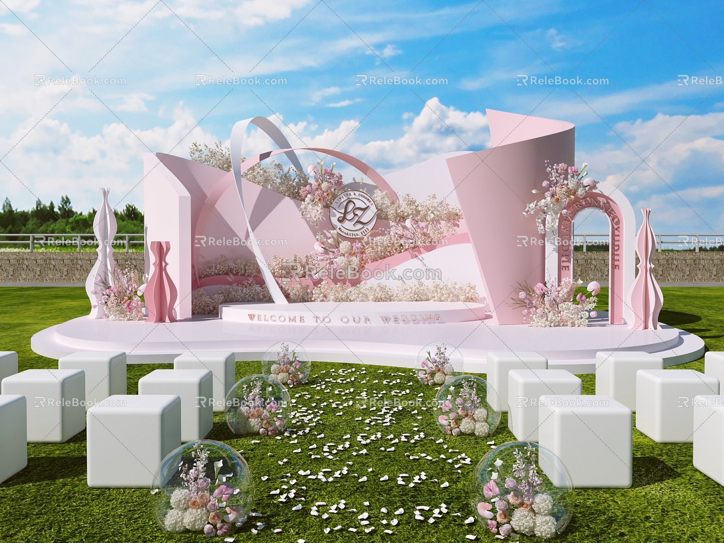 Modern Lawn Wedding Pink Korean Style Floral Art Seaside Outdoor Road Lead Curver Style Area Beautiful 3d model