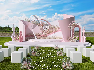 Elegant Outdoor Wedding Commercial Equipment with Pink Stage Arch White Seats and Floral Balls 3d model