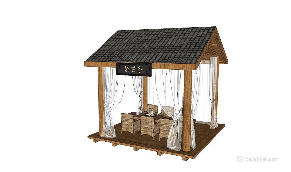 Garden Landscape Featuring Chinese Style Pavilion With Wooden Structure Black Tile Roof And White Curtains 3d model 